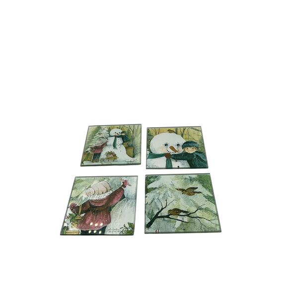 Vintage Pat Richter Winter Snowman Cardinal Print Handmade Glass Coasters Set 4 - Picture 5 of 6